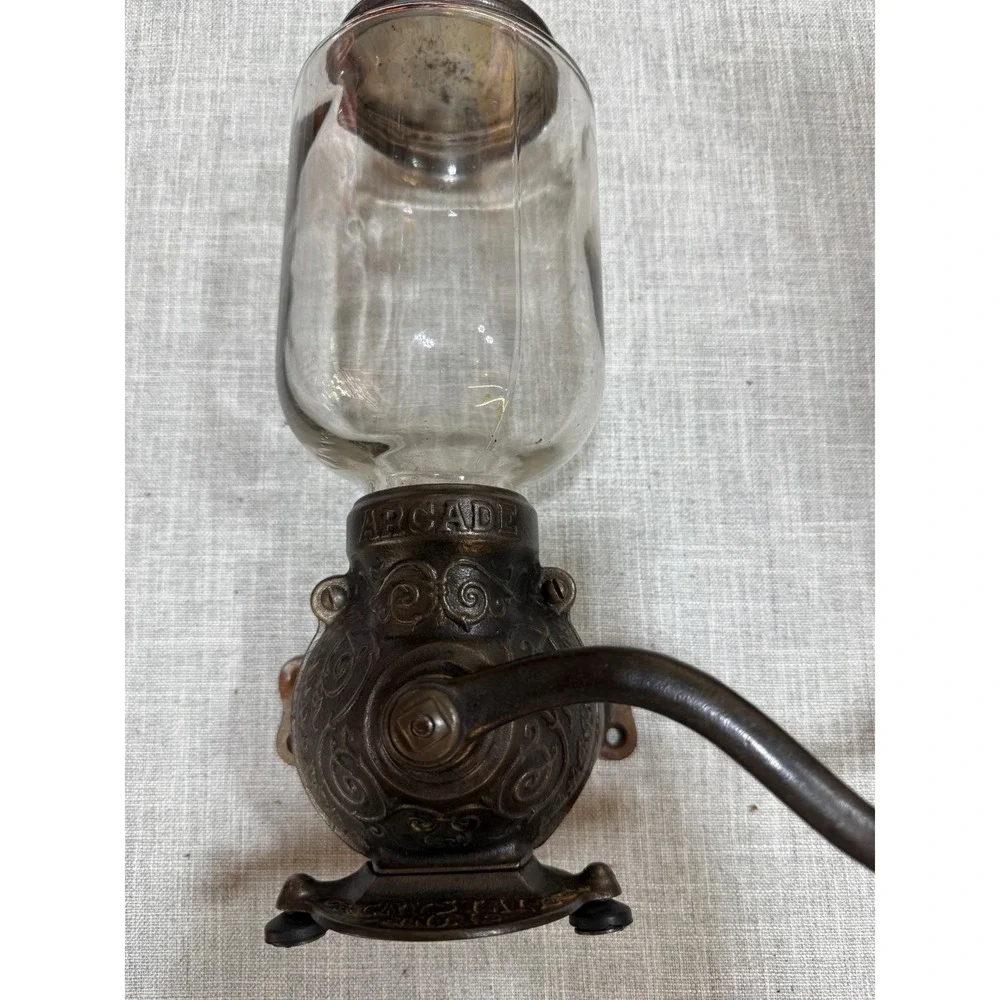 Antique Arcade Crystal No.1 Wall Mount Coffee Grinder Cast Iron Glass Hopper